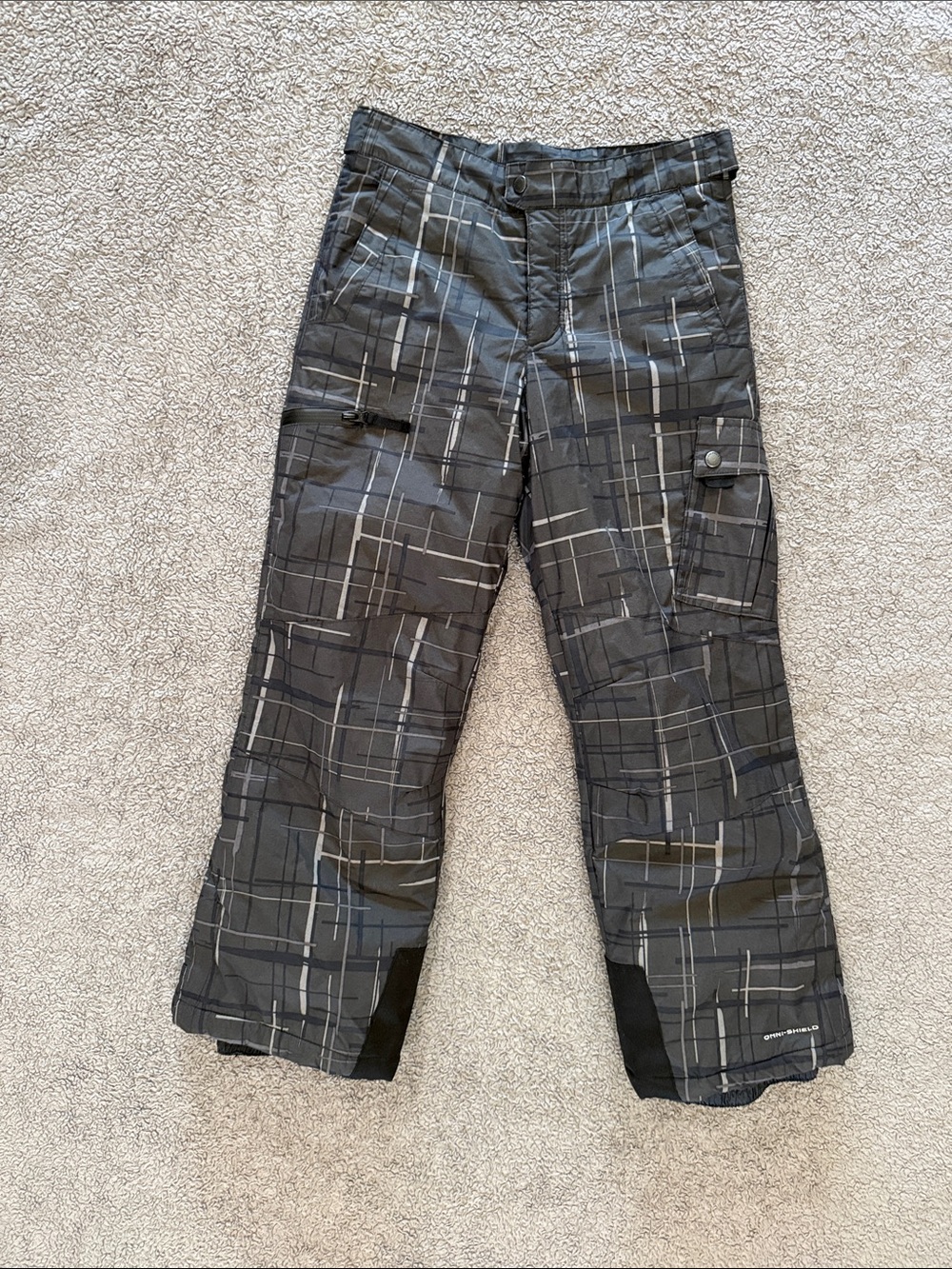 Columbia Kids Gray Plaid Cargo Snow Pants - Insulated Winter Bottoms